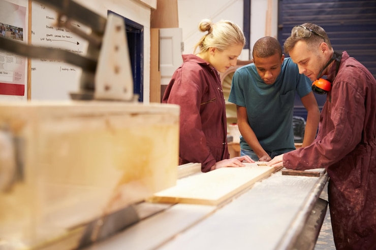Photo un charpentier et ses apprentis utilisent une scie circulaire dans leur atelier
