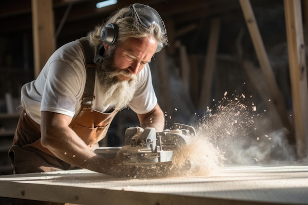 Un charpentier soufflant de la sciure d'une planche de bois