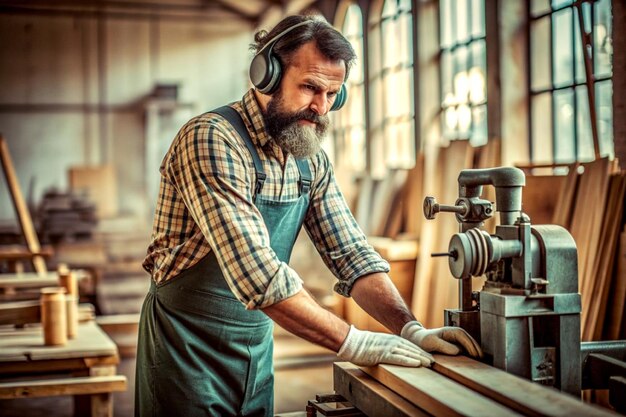 Photo charpentier travaillant sur des machines à bois dans un atelier de menuiserie