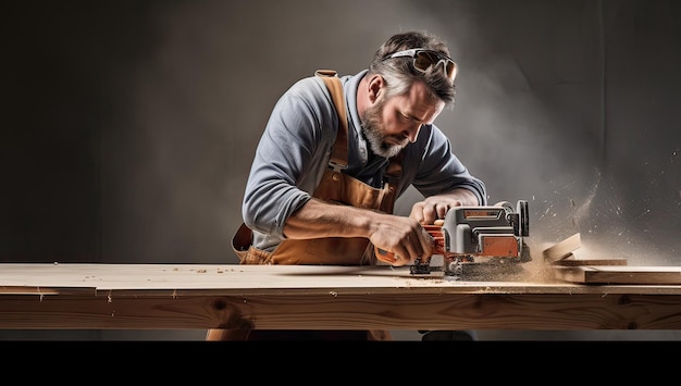 Charpentier travaillant avec une scie circulaire sur une table en bois