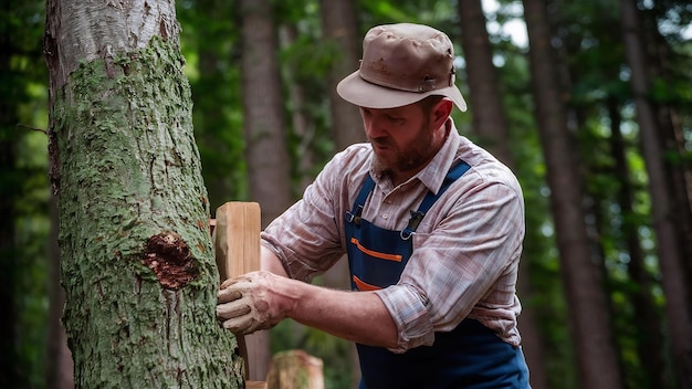 Le charpentier travaille avec un arbre.