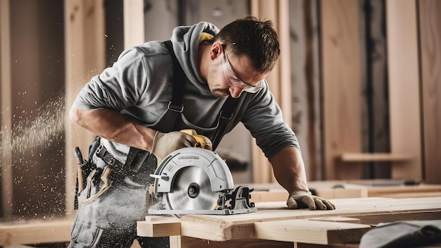 Charpentier utilisant une scie circulaire pour couper des planches de bois