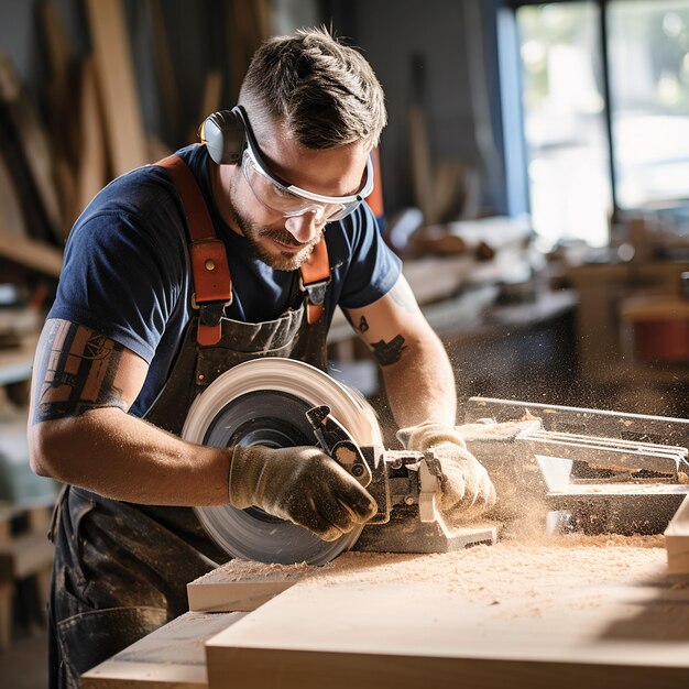 Photo un charpentier utilise un sableur sur un morceau de bois