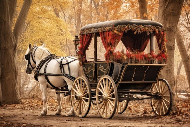 Photo une charrette tirée par des chevaux à travers la forêt d'automne
