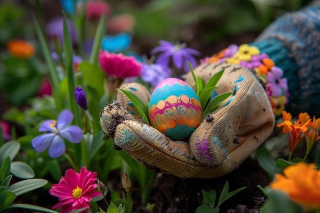 La chasse aux œufs de Pâques avec une touche Un œuf vibrant caché dans un gant de jardinage au milieu de fleurs en fleurs