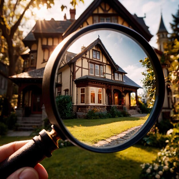 Photo la chasse à la maison, la recherche de la propriété, la loupe, le regard sur la maison.