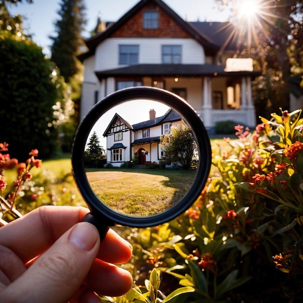 Photo la chasse à la maison, la recherche de la propriété, la loupe, le regard sur la maison.