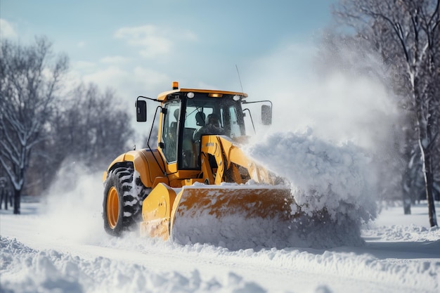 Des chasse-neige dégagent les routes enneigées de la ville pendant les fortes chutes de neige.