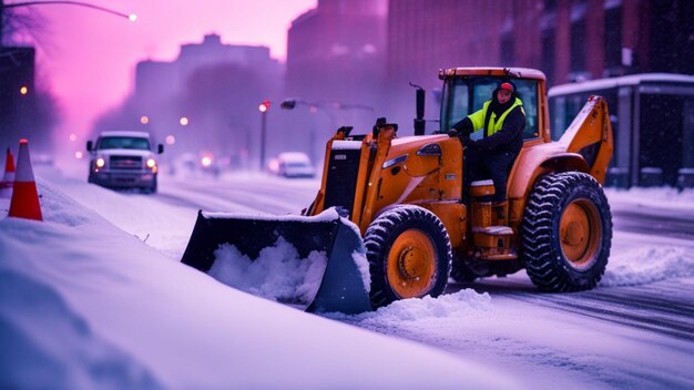 chasse-neige jaune enlevant la neige des routes d'hiver en hiver après une tempête nocturne dans une ville