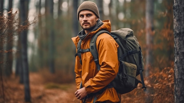 Chasseur forestier portant une arme à feu et un sac à dos Generative AI