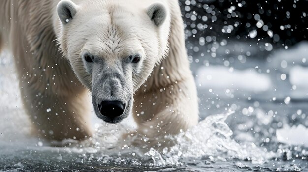 Chasseur d'ours polaire blanc sur la glace dans des gouttes d'eau Génératif Ai