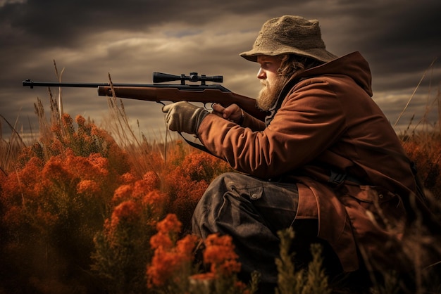 Photo un chasseur qui vise avec un fusil.