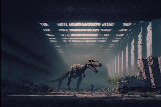 Chasseur regardant un dinosaure Un chasseur regarda le Trex capturé dans un laboratoire abandonné peinture d'illustration de style d'art numérique