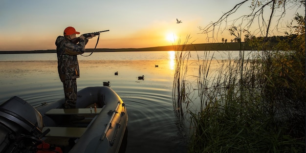 Chasseur de sauvagine tirant sur un canard volant pendant la chasse au canard au lever ou au coucher du soleil avec espace de copie