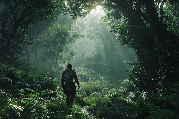 Un chasseur suit sa proie à travers une forêt dense.