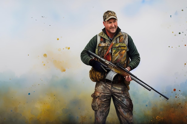 Chasseur en tenue de camouflage avec une arme à feu pendant la chasse à la recherche d'oiseaux sauvages ou de jeu générative ai