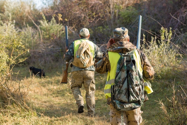 Chasseurs avec un drathaar et un épagneul allemands, chasse au pigeon avec des chiens en gilets réfléchissants