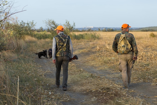 Chasseurs avec un drathaar et un épagneul allemands, chasse au pigeon avec des chiens en gilets réfléchissants