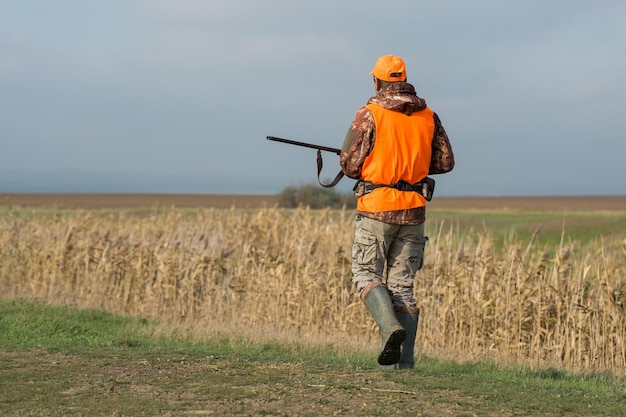 Chasseurs de faisans avec fusil de chasse marchant dans un pré.