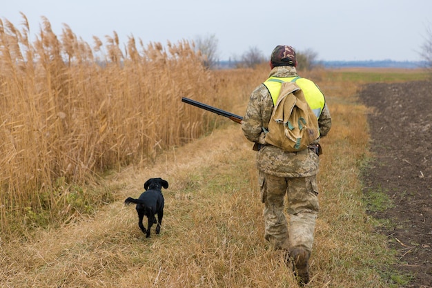 Chasseurs de faisans avec fusil de chasse marchant dans un pré.