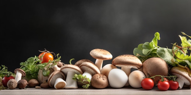 Châssis Veggie Champignons Légumes et champignons biologiques frais sur fond sombre Parfait pour les thèmes d'aliments sains générés Ai