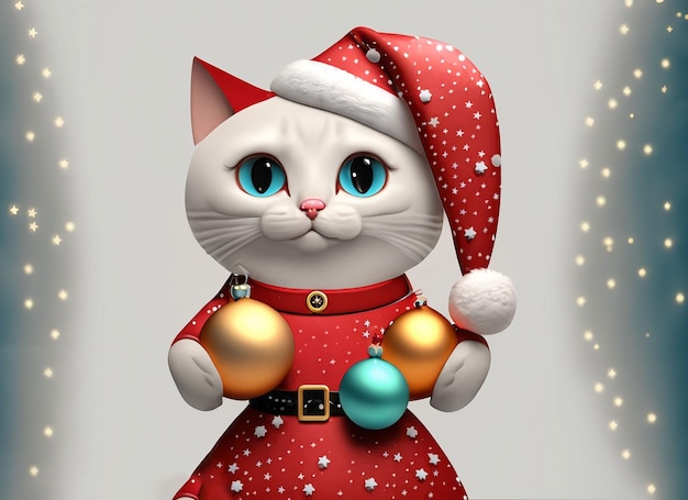 Un chat en 3D portant une robe de Noël et un cadeau de Noël dans la main