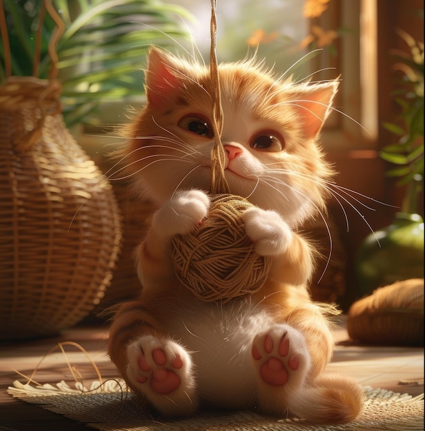 Un chat adorable aime jouer avec une boule de fil