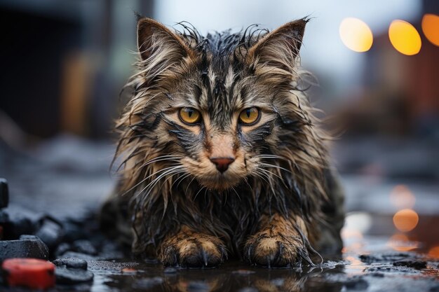 Chat adulte triste sans abri mouillé dans une rue sous la pluie Animal solitaire Concept de protection des animaux sans abri