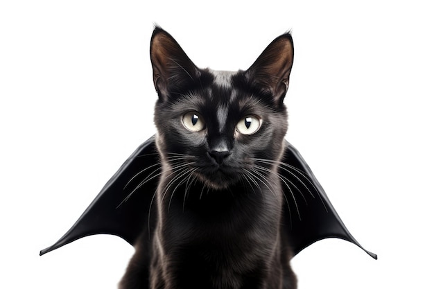 Chat ailé de chauve-souris noire posant sur fond blanc