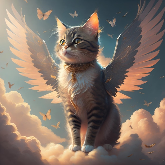 Un chat avec des ailes d'ange est sur un nuage avec des papillons dessus. |  Photo Premium