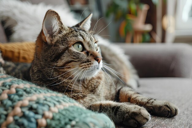 Un chat allongé sur un canapé avec une couverture