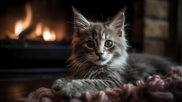 Un chat allongé sur une couverture devant une cheminée