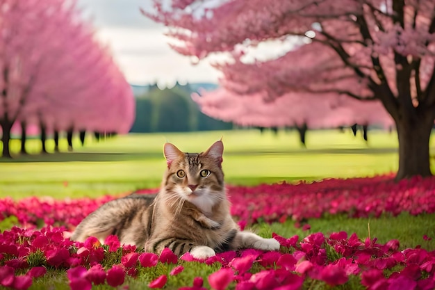 Un chat allongé dans un champ de fleurs avec des arbres roses en arrière-plan