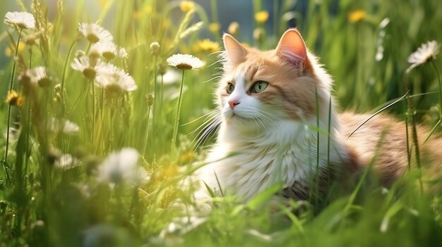 Un chat allongé dans l'herbe devant un coucher de soleil