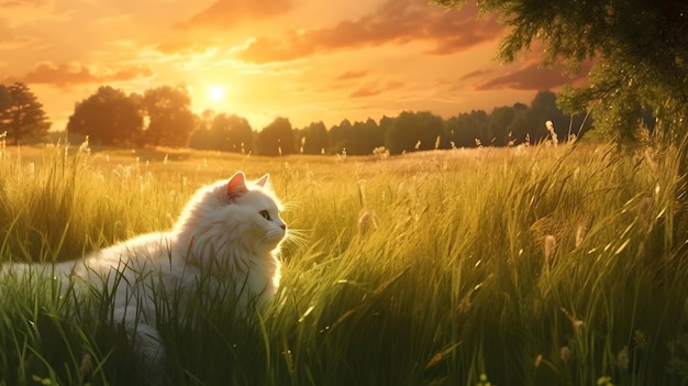 Un chat allongé dans l'herbe devant un coucher de soleil