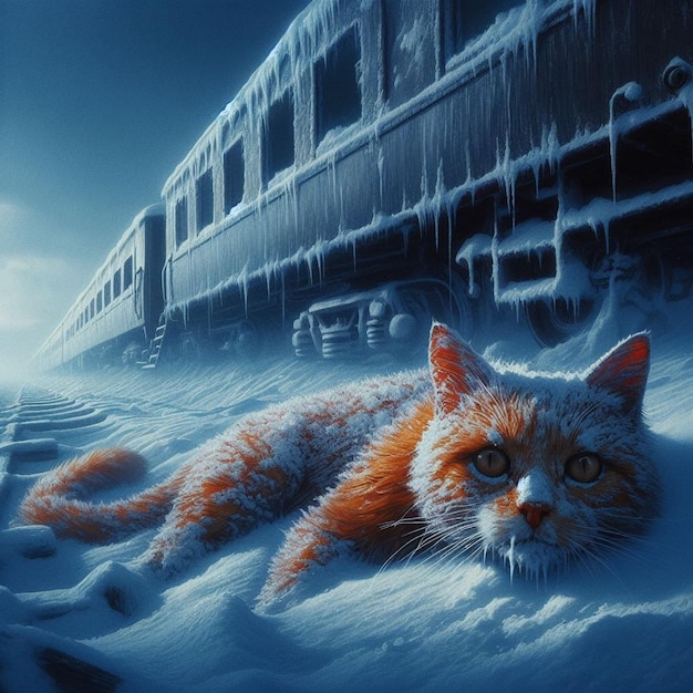 un chat allongé dans la neige avec un train en arrière-plan