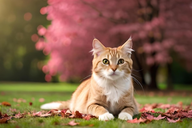 Un chat allongé sur l'herbe devant un arbre aux feuilles rouges