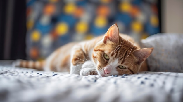 Un chat allongé sur un lit avec un fond coloré