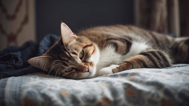 Un chat allongé sur un lit avec sa tête sur l'oreiller