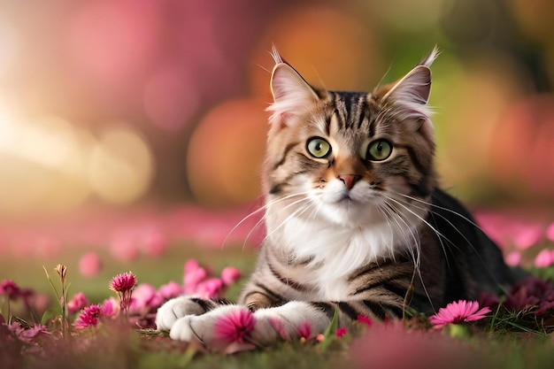 Un chat allongé sur un parterre de fleurs