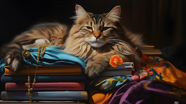 un chat allongé sur une pile de livres de mode se mélangeant avec des thèmes artistiques