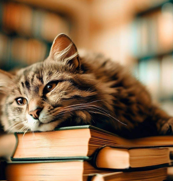 Un chat allongé sur une pile de livres avec les mots " chat " en haut.