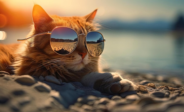 Photo un chat allongé sur la plage avec des lunettes de soleil dans le style d'un montage photo
