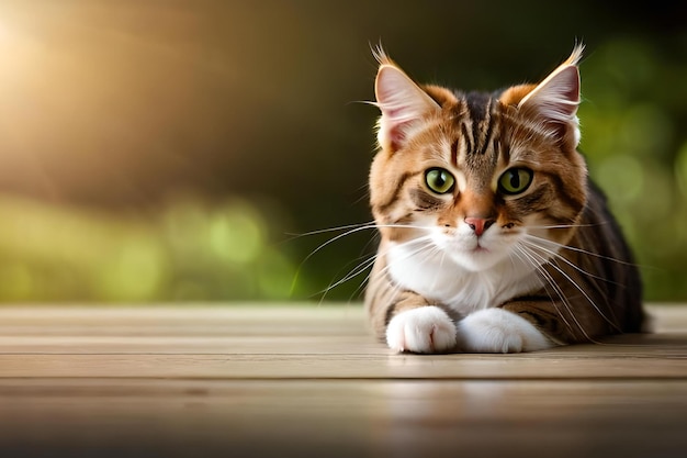 Un chat allongé sur un sol en bois