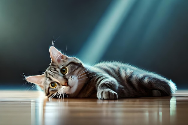 Un chat allongé sur le sol avec un fond sombre