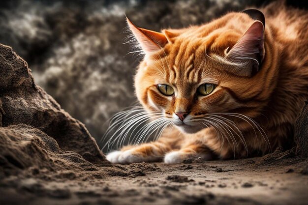 un chat allongé sur le sol avec un rocher en arrière-plan