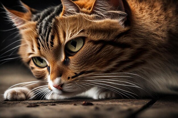 un chat allongé sur un sol avec des yeux verts