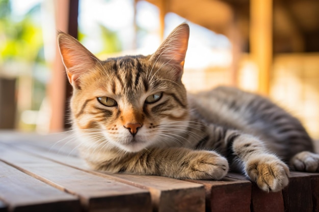 un chat allongé sur une table en bois avec les yeux fermés