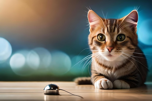 Un chat allongé sur une table avec une souris dessus