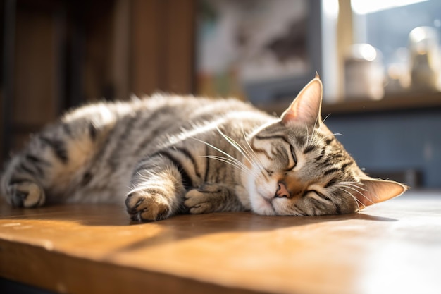 un chat allongé sur une table, les yeux fermés